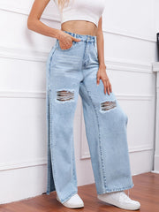 High Waist Distressed Split Jeans Slash Pockets