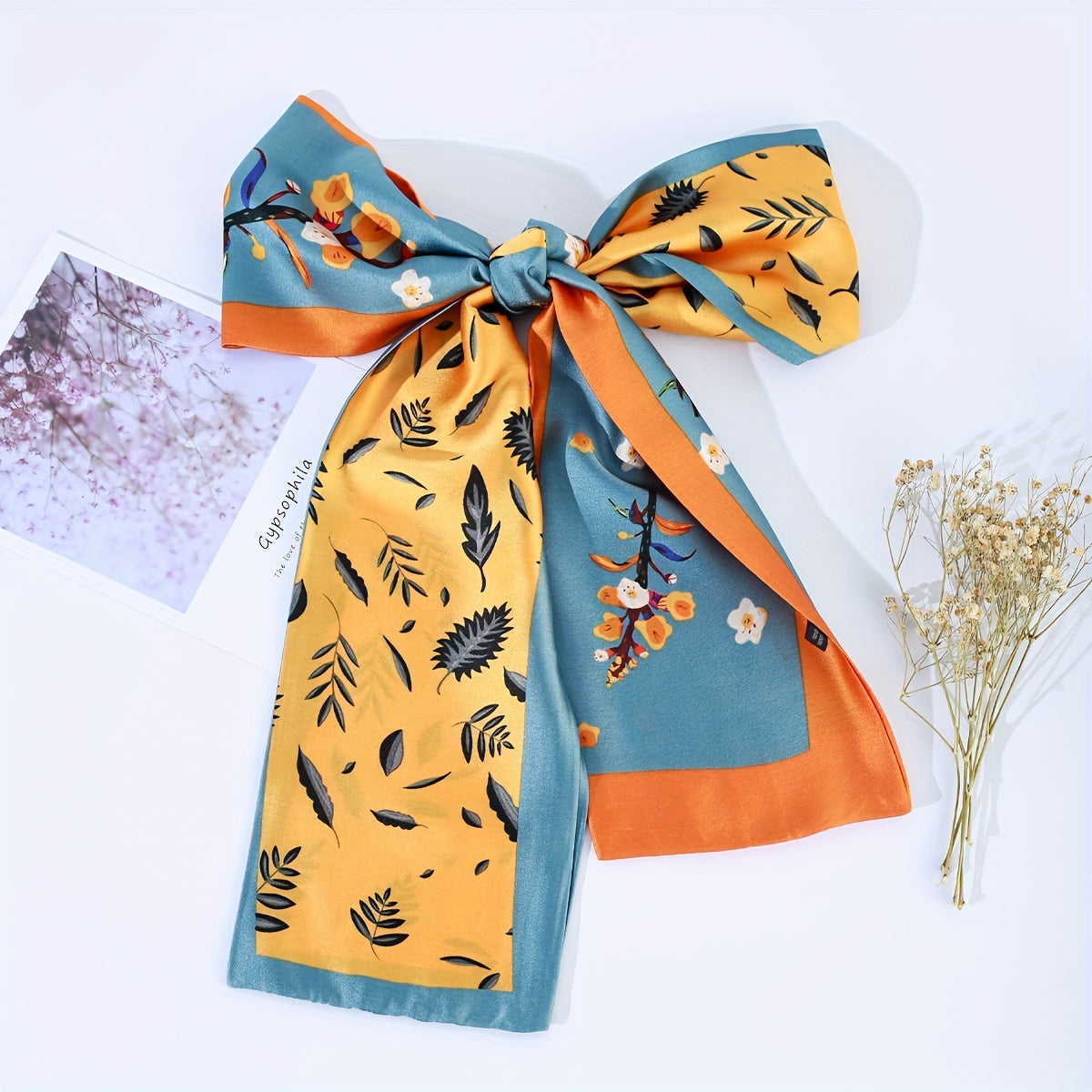 Flower Plant Print Skinny Scarf Block Long Ribbon Necktie Twilly Scarf