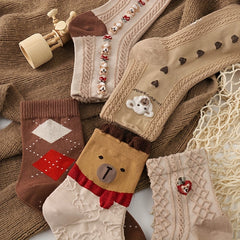 5 Pairs Textured Bear & Geometric Pattern Socks Women's Stockings