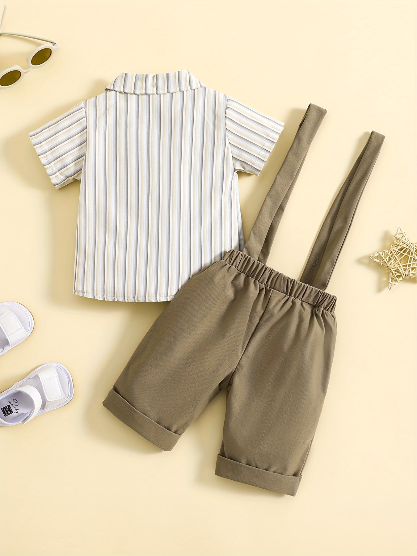 Boy's Stylish Gentleman Outfit Short Sleeve Tie Shirt & Bib Pants Set