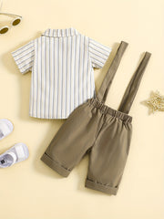 Boy's Stylish Gentleman Outfit Short Sleeve Tie Shirt & Bib Pants Set