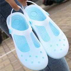 Women's PVC Beach Slides Hole Slippers Round Toe Cutout Sandals