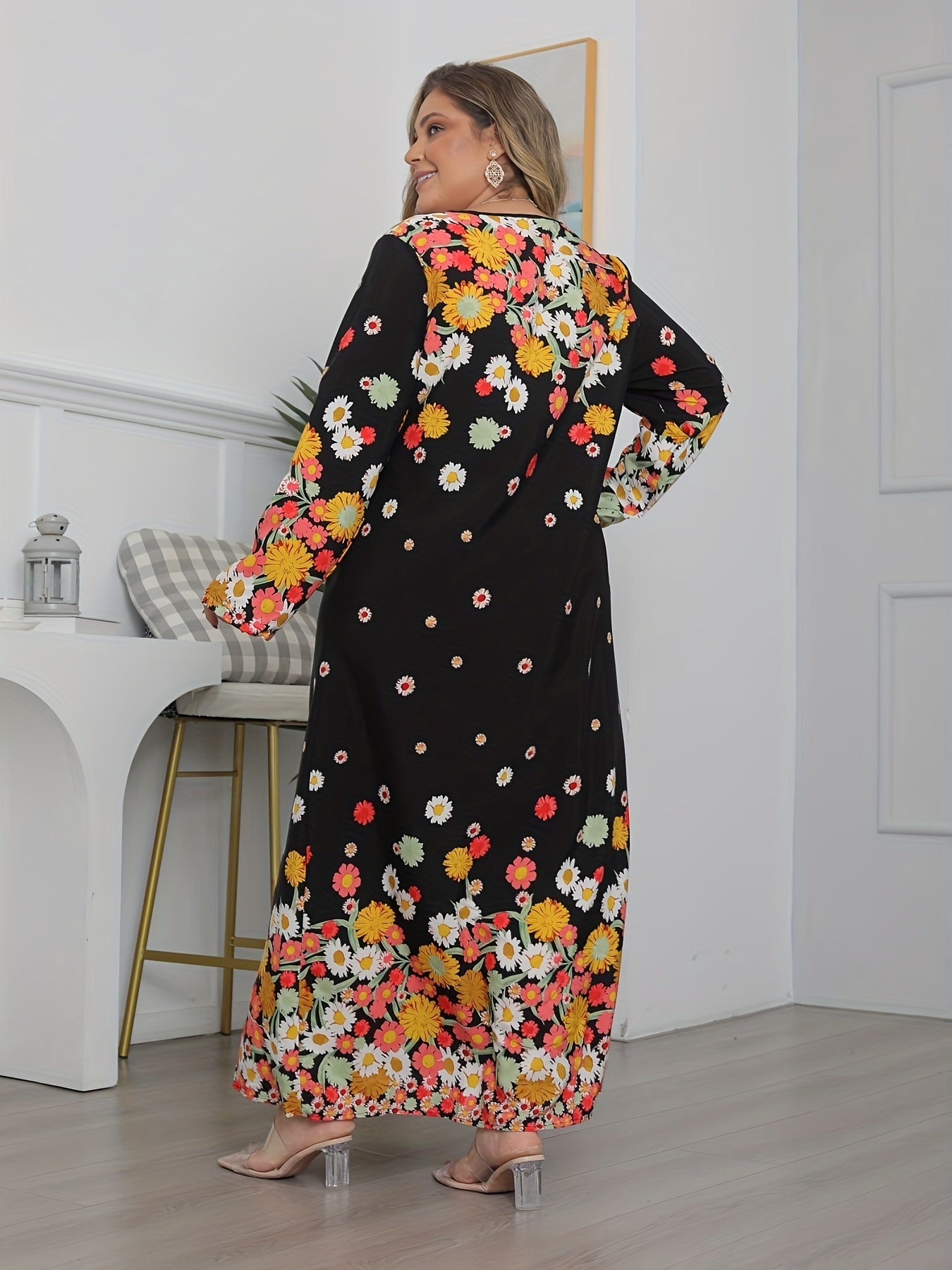 Floral Print Long Sleeve Plus Size Maxi Dress