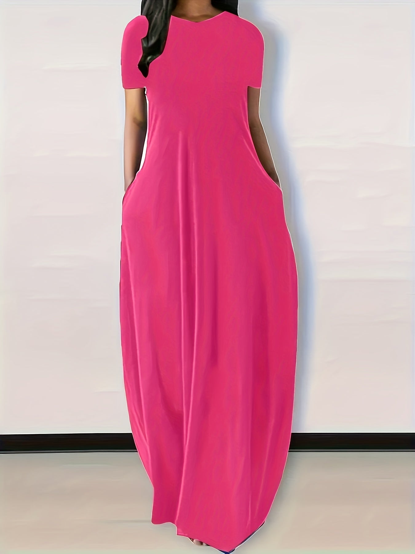 Solid Round Neck Loose Maxi Dress With Pocket Women's Plus