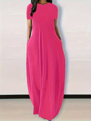 Solid Round Neck Loose Maxi Dress With Pocket Women's Plus