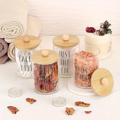 Bamboo Lid Cotton Swab Holder Bathroom Organizer 10 Oz Clear Apothecary Jars