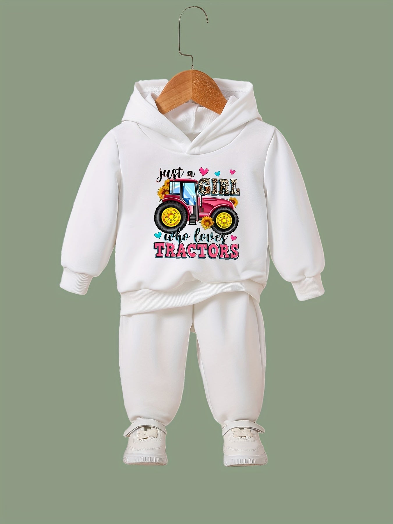 Girls Truck Pattern Hooded Sweatshirt & Solid Sweatpants Set