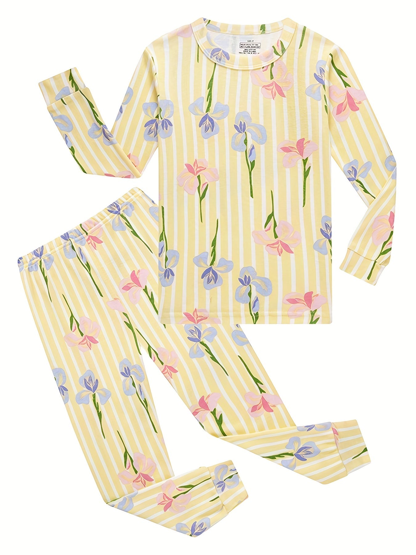Girl's 2pcs Pajama Set Floral Stripe Print Loungewear 100% Cotton