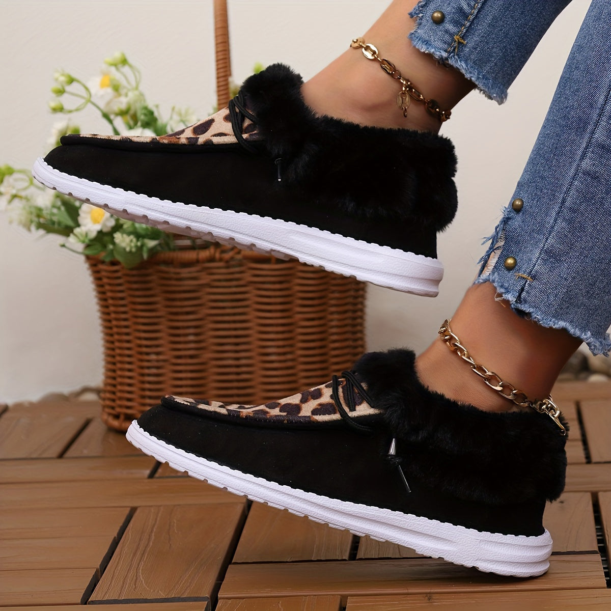 Leopard Slip On Low Top Round Toe Lace Up Casual Shoes