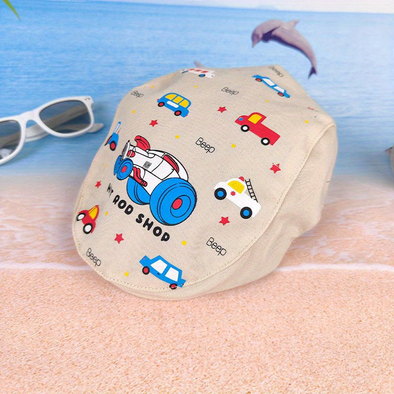 Unisex Striped Duck Tongue Hat with Car Embroidery for Boy