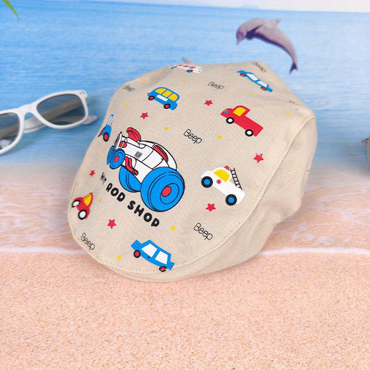 Unisex Striped Duck Tongue Hat with Car Embroidery for Boy