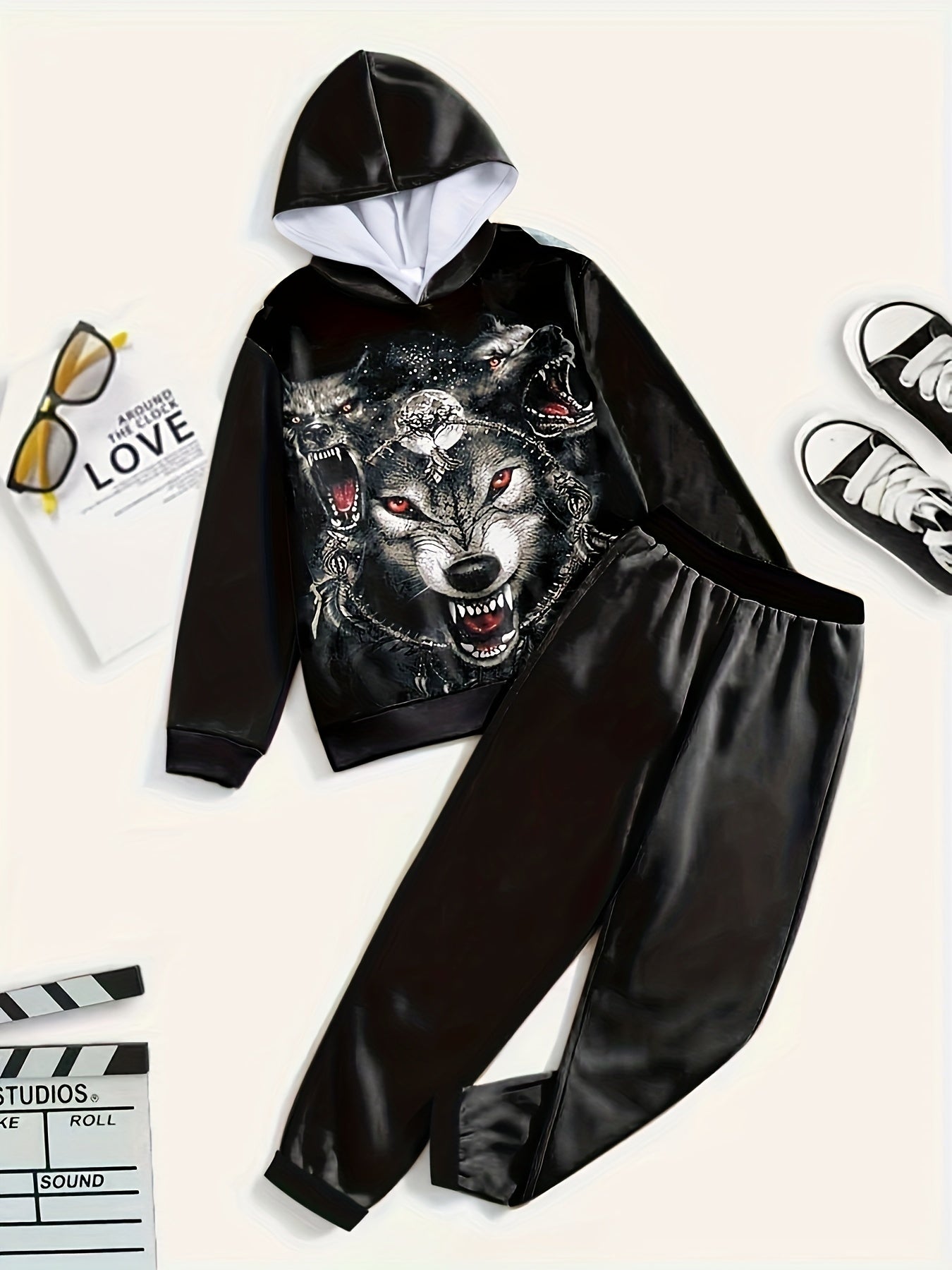 3D Wolf Graphic Hooded Sweatshirt Jogger Pants Set