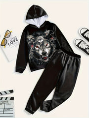 3D Wolf Graphic Hooded Sweatshirt Jogger Pants Set