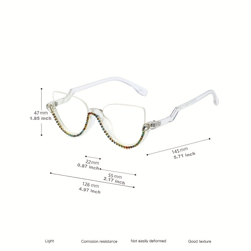 Semi Rimless Clear Lens Rhinestone Cat Eye Glasses