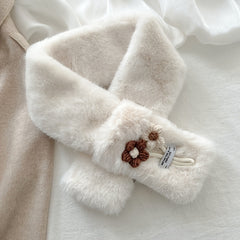 Flower Pendant Faux Rabbit Fur Plush Winter Scarf