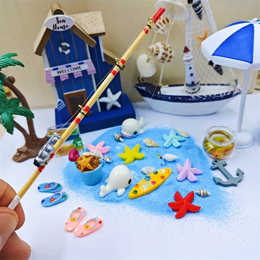 Wooden Fishing Rods with Nets Toy House Decor for Dollhouse