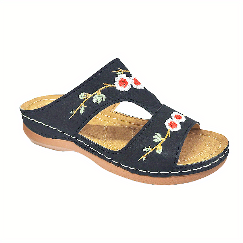 Women's Flower Embroidered Wedge Slippers Open Toe Non Slip Beach Slides