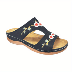 Women's Flower Embroidered Wedge Slippers Open Toe Non Slip Beach Slides