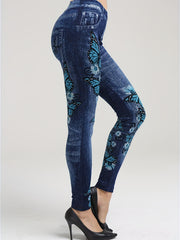 Butterfly & Denim Print Leggings Casual Stretchy Skinny Leggings
