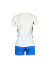 Lip Print T shirt & Solid Shorts Set Women's Outfit