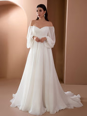Off Shoulder Gown Wedding Dresses Ruched High Waist Dress