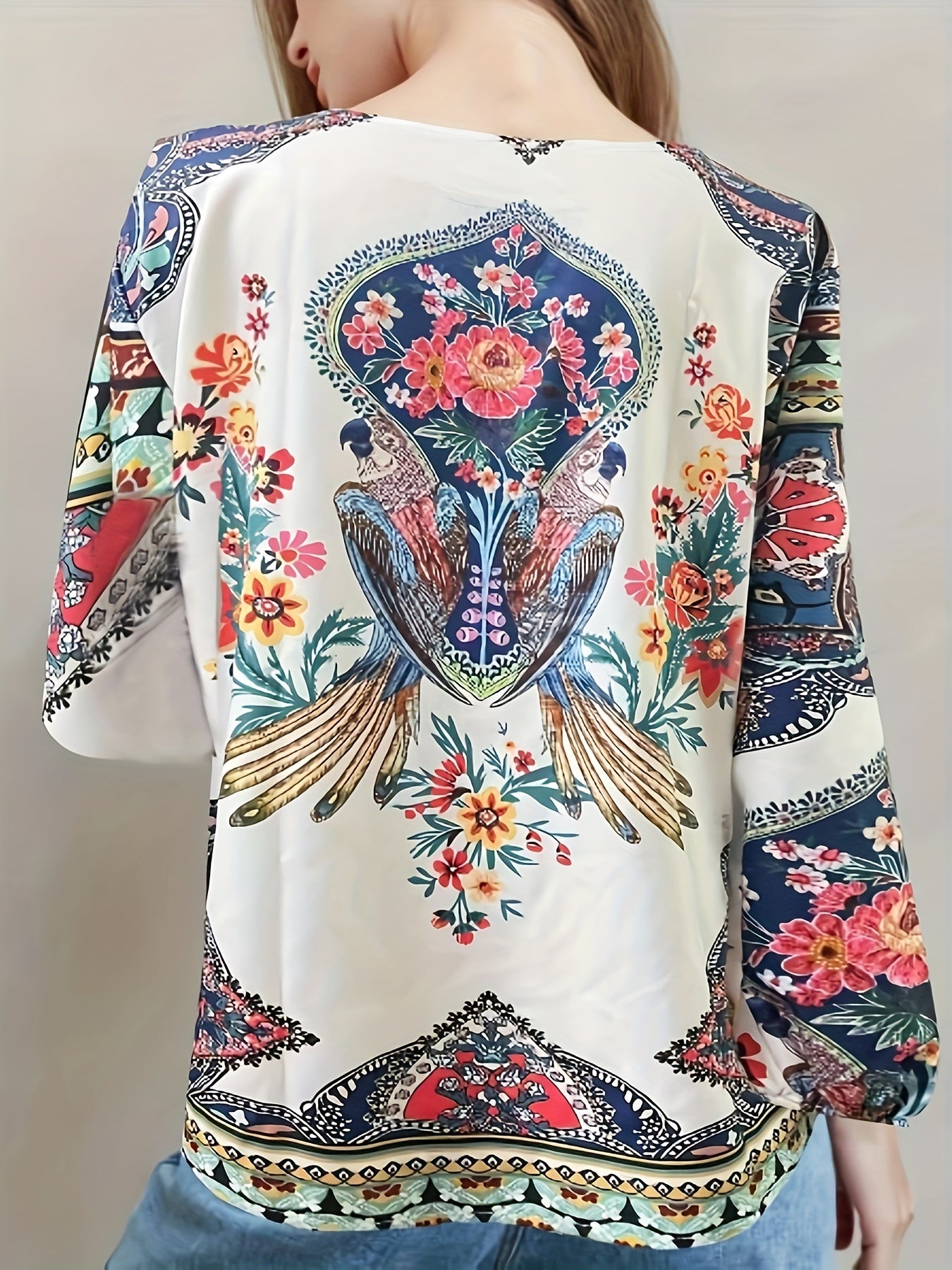 Retro Blouse Women's Plus Bird & Floral Print Top