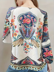 Retro Blouse Women's Plus Bird & Floral Print Top