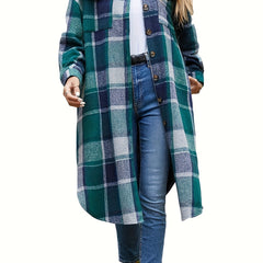 Plaid Print Shacket Jacket Button Front Long Sleeve Women's Outerwear
