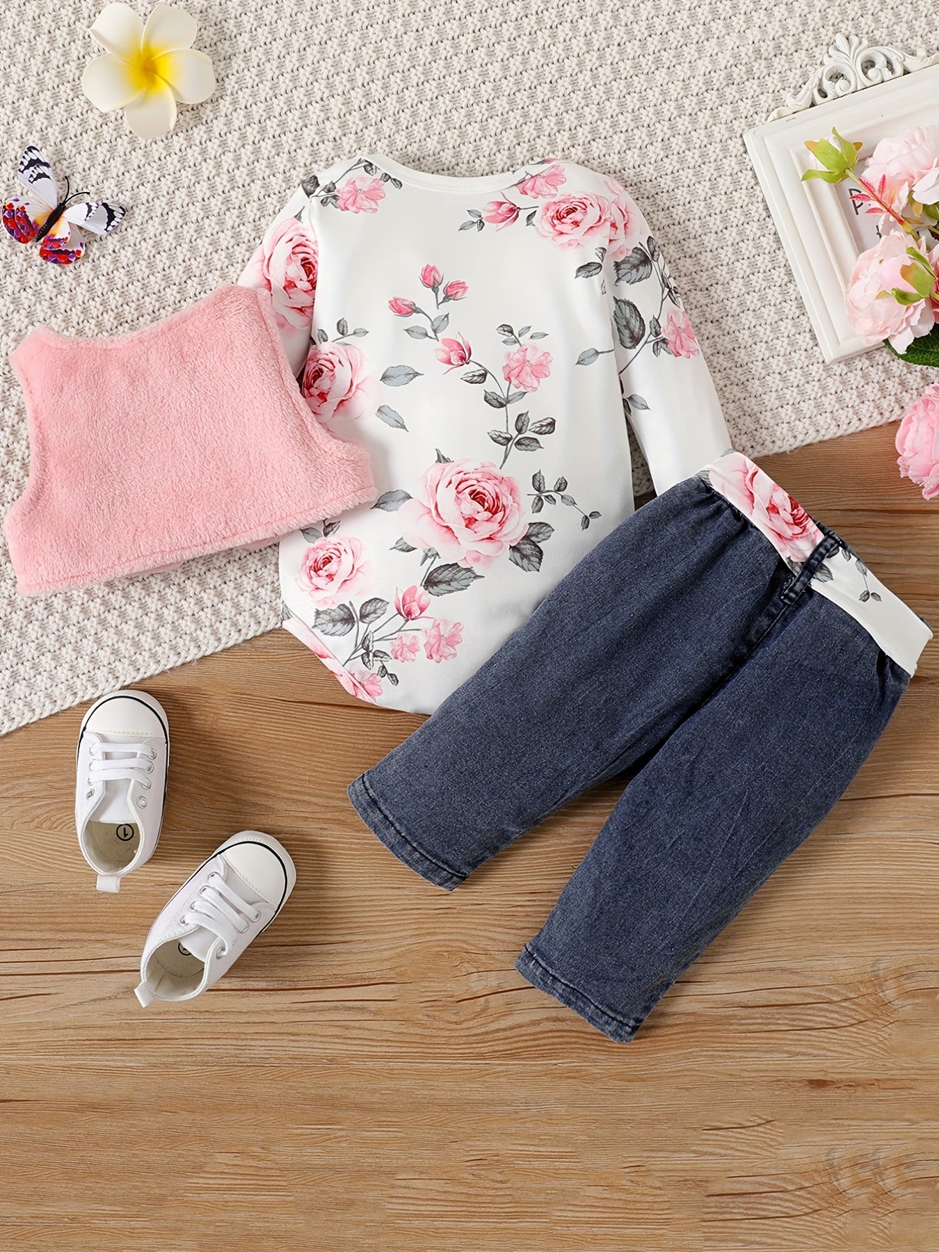 Infant Newborn Baby Girls Floral Romper Jeans Pants Fleece Vest Summer Outfit