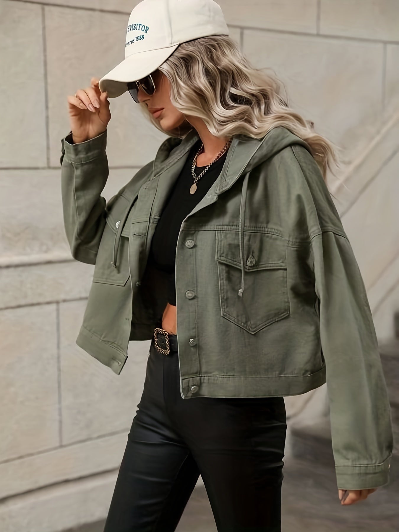 Green Long Sleeves Denim Jackets Hooded Coats
