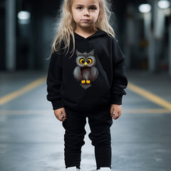 Cartoon Owl Print Hooded Pullover Pants Set for Kids Sports