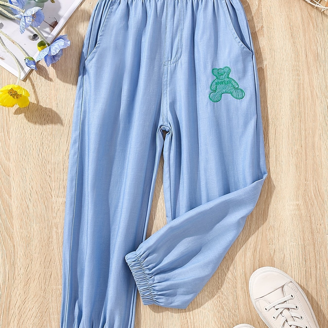 Girls Cartoon Bear Loose Casual Pockets Jeans Summer Clothes