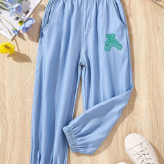 Girls Cartoon Bear Loose Casual Pockets Jeans Summer Clothes