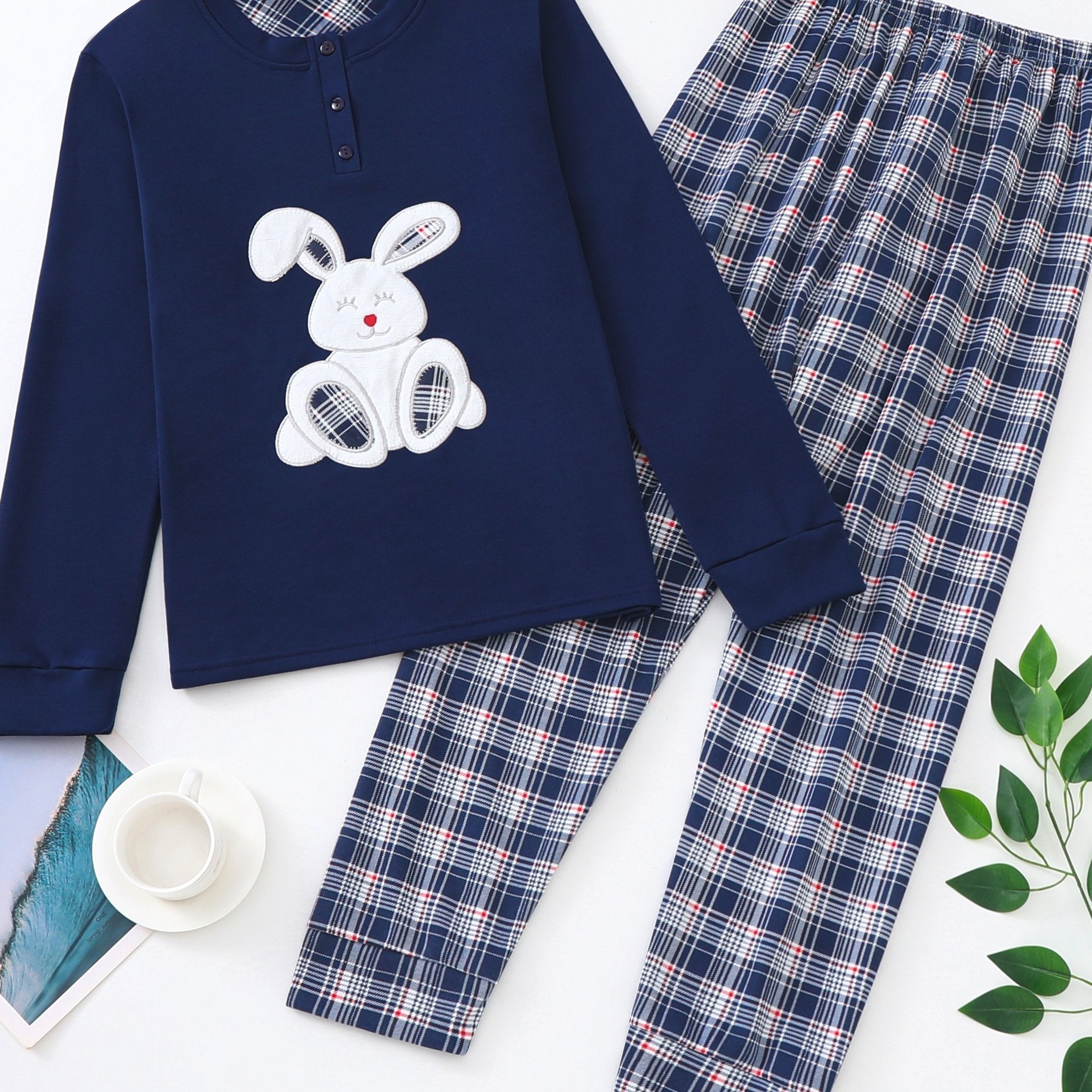 Bunny Print Pajama Set Long Sleeve Top & Plaid Pants