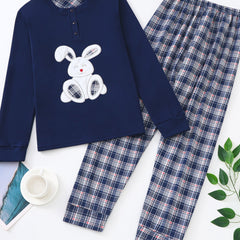 Bunny Print Pajama Set Long Sleeve Top & Plaid Pants