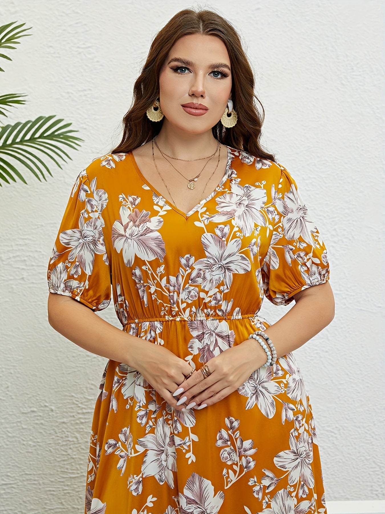 Floral Print V Neck Puff Sleeve Nipped Waist Plus Size Summer Dress