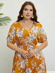 Floral Print V Neck Puff Sleeve Nipped Waist Plus Size Summer Dress