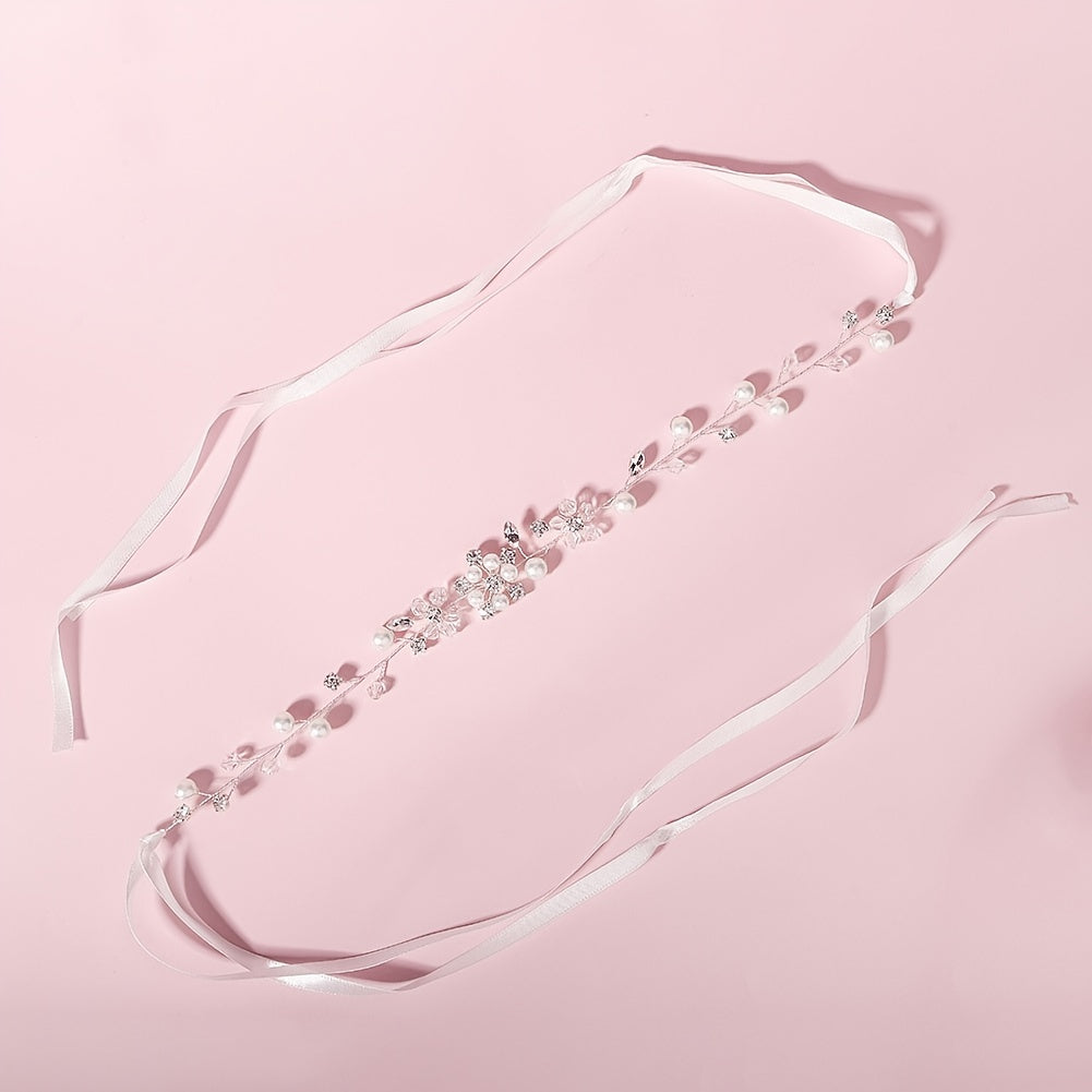 Faux Pearl Rhinestone Streamer Hairband Headband Silvery Decorations Tiara