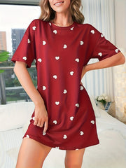 Heart Print NightDress Short Sleeve Pajama Dress Women's Sleepwear