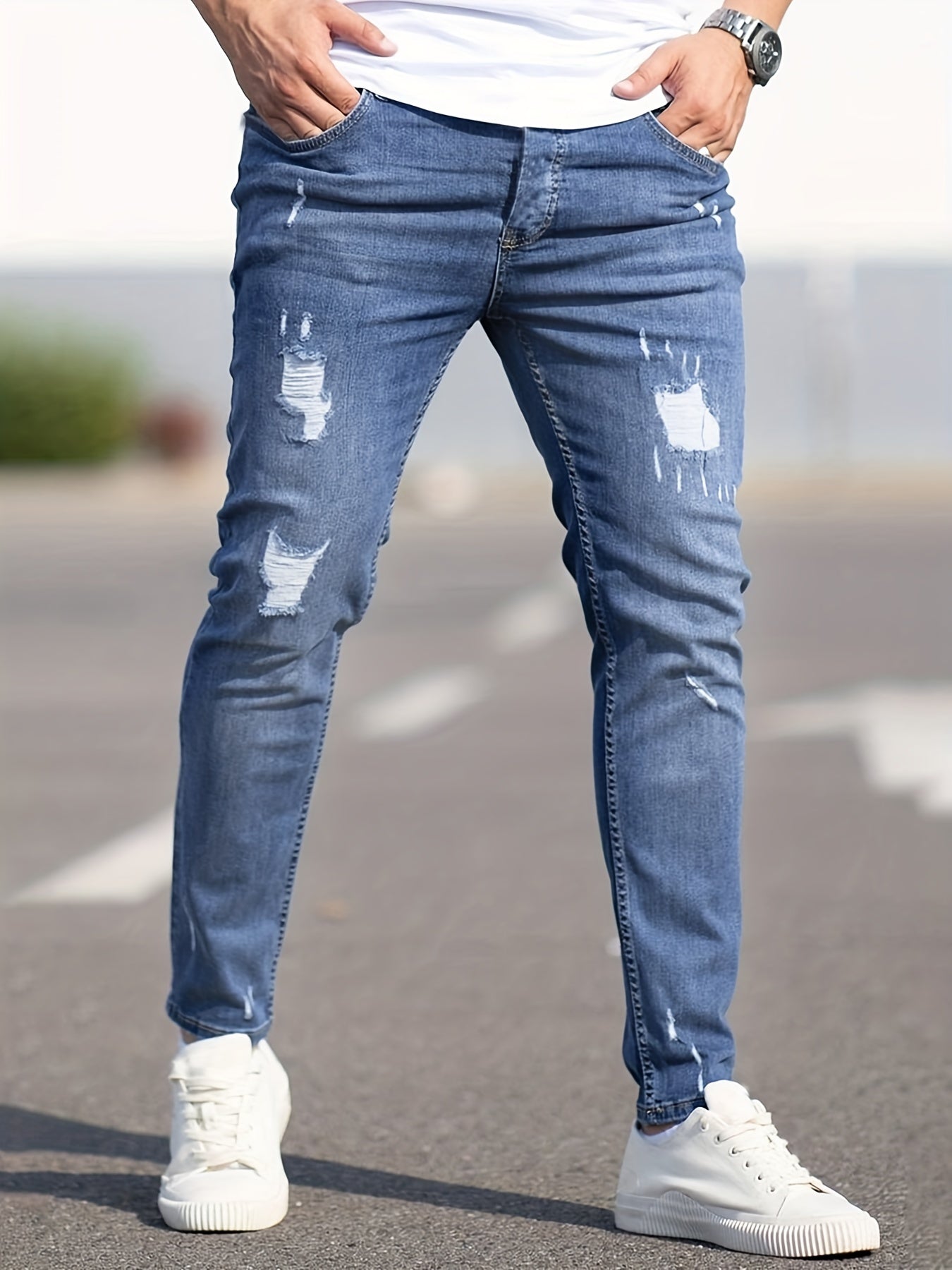 Men's Slim Fit Ripped Skinny Stretch Wash Jeans