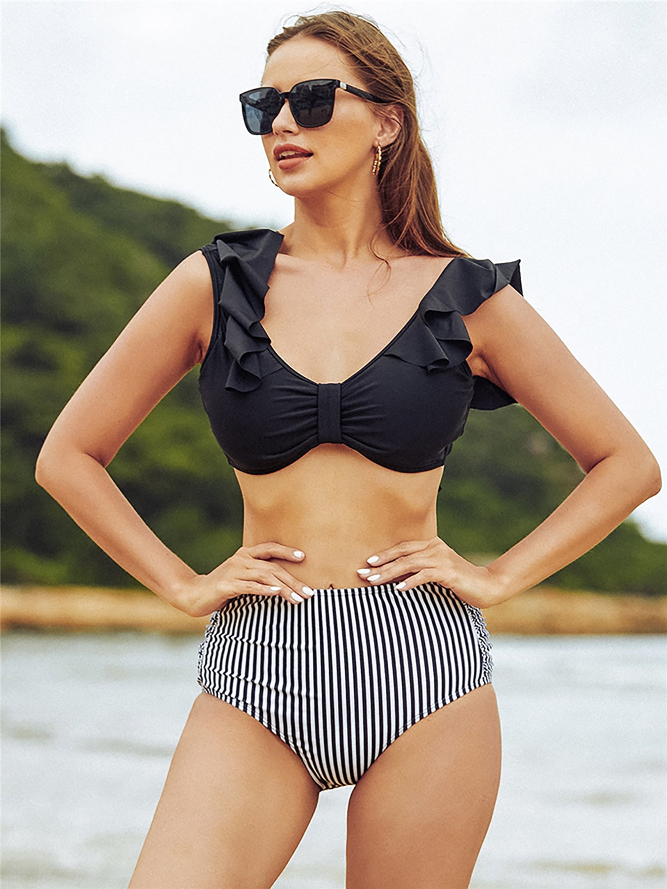 Women's Off Shoulder Two Piece Swimsuit High Waist Bodysuit Beach Bathing Suit
