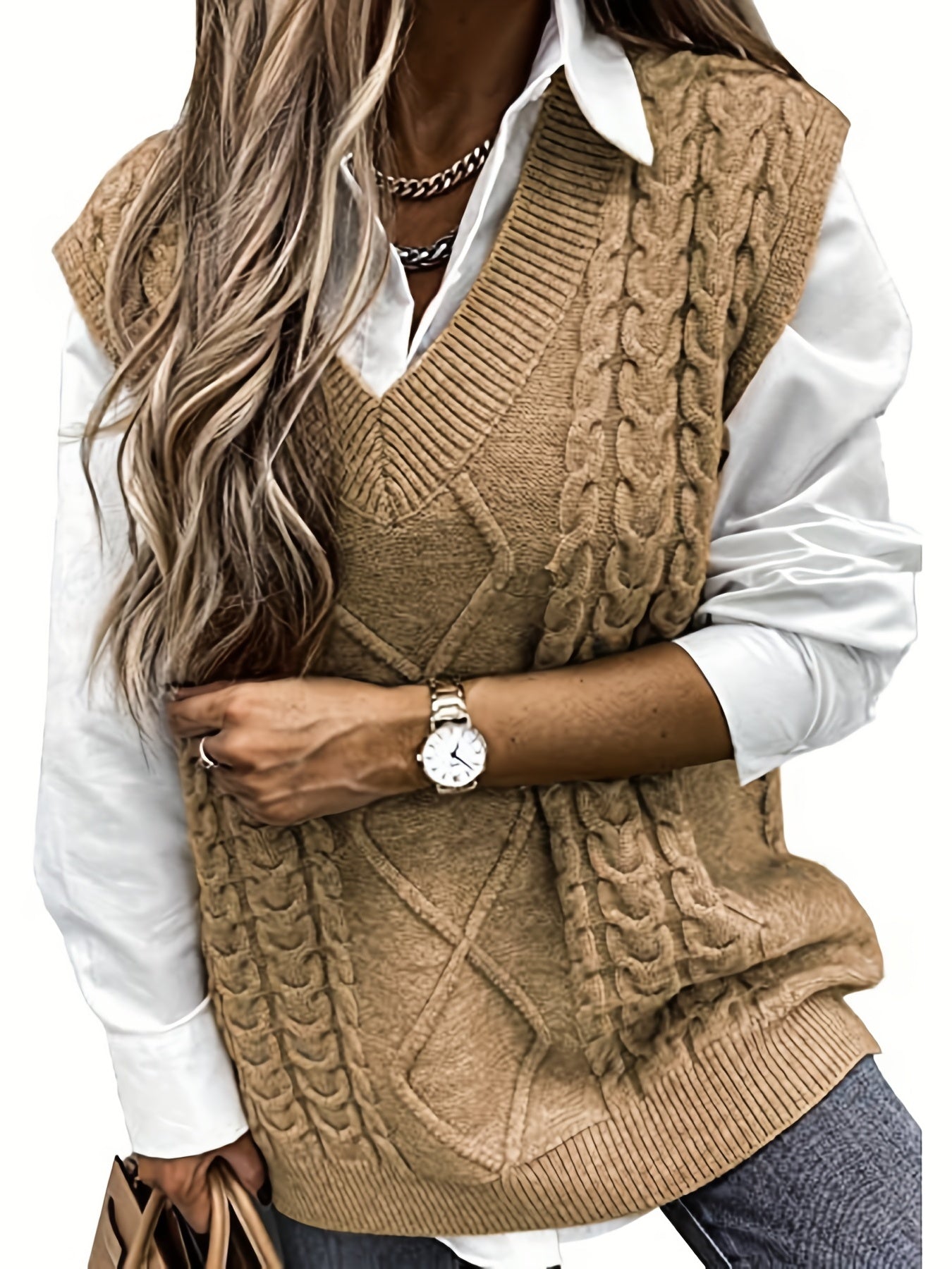 V-Neck Knit Vest - Solid Jacquard Slim Fit