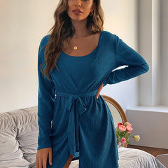 Ribbed Pajama Set Long Sleeve Robe & Cami Top & Shorts