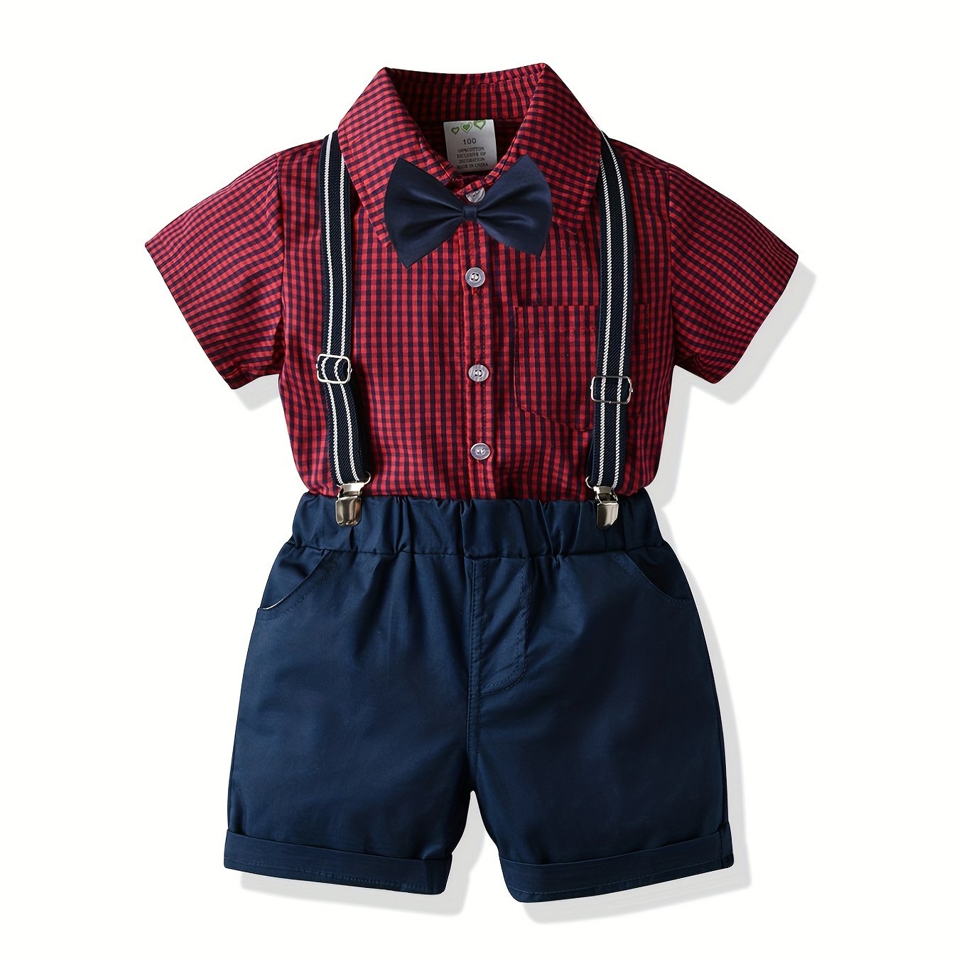 Boys Plaid Shirt & Suspender Shorts Set