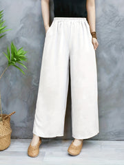 Solid Elastic Waist Wide Leg Pants Casual Pocket Pants