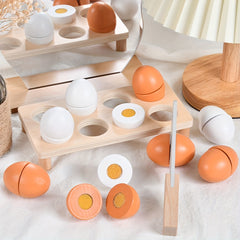 Wooden Egg Pretend Play Set Toy 8 Eggs 1 Holder 1 Cutter for 3 Years Easter Gift