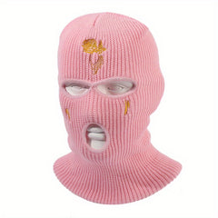 Unisex Thermal 3 Hole Knitted Mask with Flower Embroidery