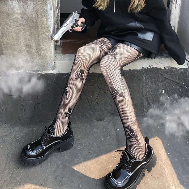 Skull Fishnet Tights High Waist Mesh Pantyhose Stockings
