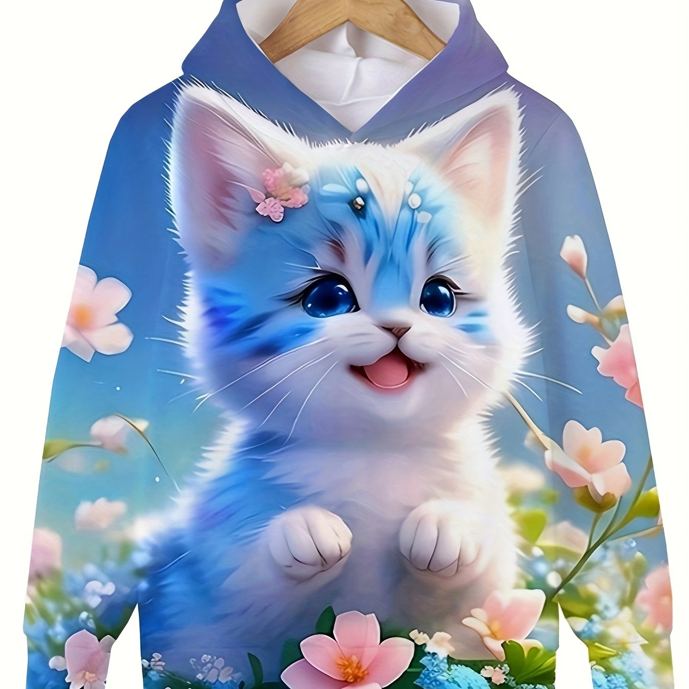 Cheerful Baby Cat Graphic Hoodie Girls Sports