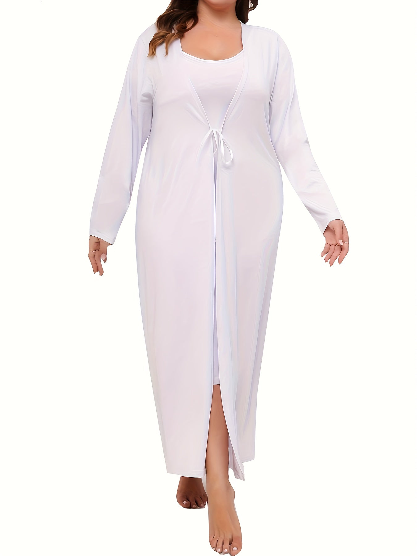 Solid Round Neck Cami Dress & Long Sleeve Tie Front Robe Pajama Set